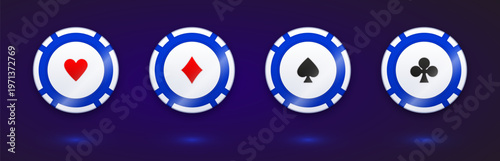 Casino coins, 3D poker chips with realistic neon glow, vector illustration. Gaming blue white dices with card symbols for online gambling, betting and jackpot prizes, bonus icons on purple background.