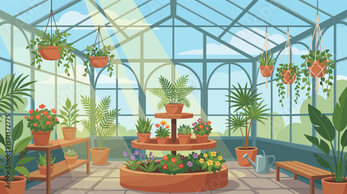 A sunlit greenhouse interior filled with various potted plants and flowers. A peaceful, tranquil scene perfect for gardening, nature, or relaxation concepts. Vector illustration.