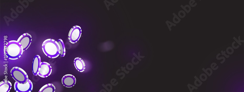 Casino chips and coins cascade with neon purple glow, 3D realistic vector gambling background. Poker promotion banner and jackpot win border with falling dices, bingo or lucky rain concept