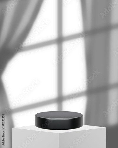 A minimalist 3D display featuring a sleek black circular pedestal placed on a white square base. The background is a clean grey and white wall decorated with realistic aesthetic shadows of a window fr