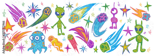 Hand drawn space doodles with crayon texture, cartoon vector illustration isolated on white background. Shooting comets, stars, and cute aliens for kids' cosmic projects and universe design