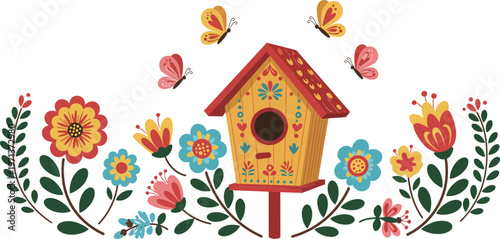 Birds on a tree with floral garden flowers and a wooden birdhouse nest box in a spring nature vector illustration of an old house home design