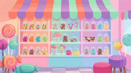 Vibrant vector illustration of a sweet shop interior. Shelves are filled with colorful candies in glass jars. Ideal for kids' designs, party backgrounds, or packaging.