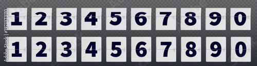 Mechanical flip clock numbers, countdown timer digits, 3d realistic vector illustration isolated on transparent background. White retro scoreboard panels showing time, classic airport style font