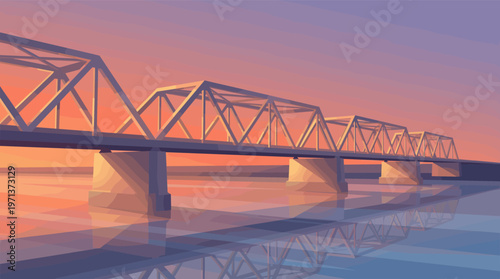 A stylized vector illustration of a truss bridge crossing a river at sunset. The calm water reflects the warm pink and orange sky. A peaceful and modern graphic.