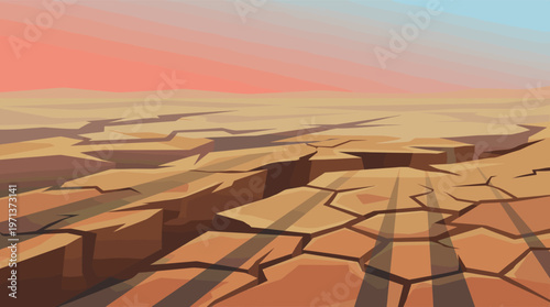 Stylized vector illustration of a vast, dry, cracked desert. A barren landscape for concepts like drought, climate change, global warming, or an alien planet background.