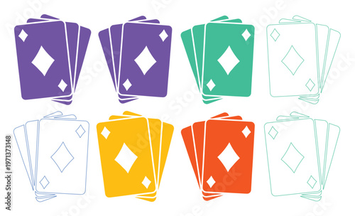 Colorful playing cards vector set, vibrant diamond suit card backs, flat graphic design elements for games and entertainment, abstract casino and gambling illustration