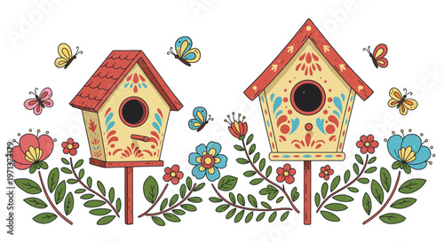 A small handmade wooden birdhouse with a blue roof sits nestled among spring garden flowers as a white bird enters its nest hole