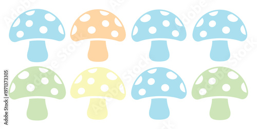 Cute pastel mushroom vector set, adorable whimsical fungi illustration, sweet spotted toadstool graphic collection, charming nature-inspired design elements for children's projects and decor