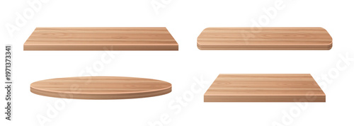 Wooden table or shelf surface set with natural brown texture. Vector realistic illustration of round, square, rectangle board samples for kitchen or office furniture design, product display platform