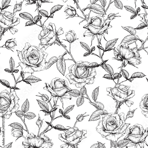 Roses twigs Floral vector seamless pattern flowers, buds black white Vintage Hand drawn engraved elements. Background for design wedding, packaging, textile, wrapping paper, wallpaper, Fashion apparel