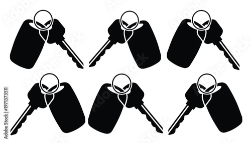 Car key and remote control vector icons, six black and white automotive security key fobs, vehicle access and ignition system graphic elements for transportation design.