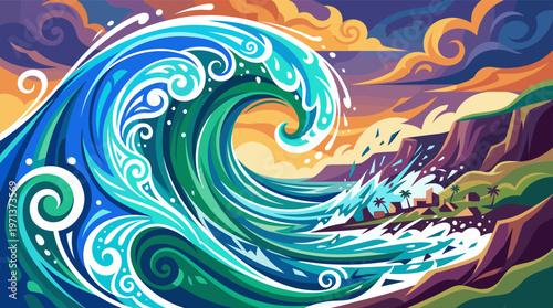 A powerful, stylized illustration of a massive tsunami wave about to crash on a coastal village. Dynamic and dramatic, for concepts of disaster, climate change, power, and risk.