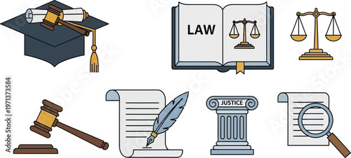 Gavel, law book, scales of justice, and graduation cap icons represent fundamental legal and academic symbols in this collection.