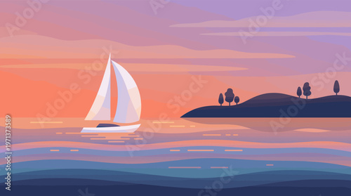 A sailboat glides on calm water during a beautiful pink and orange sunset. A serene, minimalist vector illustration for travel, relaxation, or peaceful concept backgrounds.