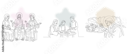 Biblical Scenes Illustration: Jesus with Disciples, Last Supper, and Healing - Line Art Style