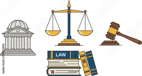 Courthouse building, golden scales of justice, wooden gavel, and a stack of law books are displayed as flat vector illustrations on a white background.