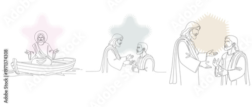 Line art illustration depicting biblical scenes of Jesus performing miracles, including healing and resurrection, with minimalist style.
