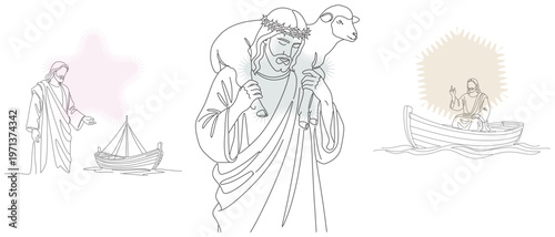 Line art illustration depicting biblical scenes of Jesus with a lamb, gesturing towards disciples in a boat, and a radiant halo.