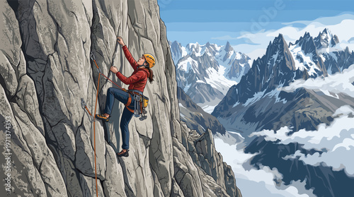 Illustration of a determined woman lead climbing a steep cliff. A vast, snowy mountain range in the background. Concept for adventure, challenge, and reaching goals.