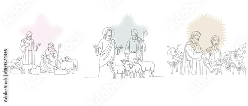 Line art illustration depicting biblical scenes of shepherds tending to their flocks, representing faith, guidance, and pastoral life.