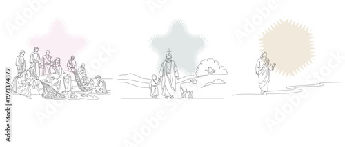Line art illustration depicting biblical scenes with Jesus, followers, and symbolic elements, suitable for religious or historical content.