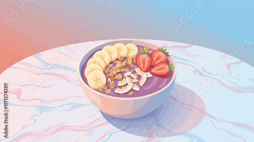 Vibrant illustration of a purple acai smoothie bowl with banana, strawberry, and granola on a marble table. Perfect for health food blogs, menus, and wellness content.
