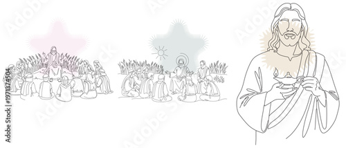 Line art illustration depicting Jesus Christ with followers, showcasing religious scenes and spiritual devotion in a minimalist style.