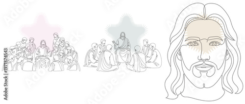 Line art illustration depicting Jesus with disciples, pastel colored backgrounds, religious artwork, faith, spirituality, and biblical scenes.