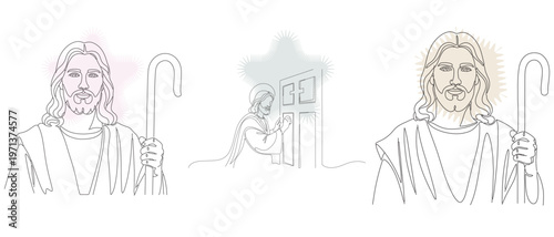 Line art illustration depicting religious scenes with Jesus, including a shepherd with a staff and a figure at a doorway.