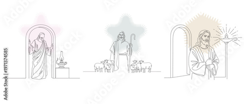Line art illustration depicting scenes from the life of Jesus Christ, including a shepherd with sheep and welcoming figures.