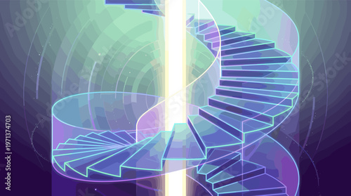 A futuristic illustration of a translucent spiral staircase ascending around a bright column of light. Conveys progress, success, and spiritual journey. Ideal for tech or business.