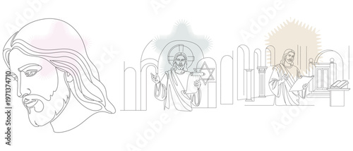 Line art illustration depicting scenes from the life of Jesus Christ, including his face, blessing, and teaching, in a minimalist style.