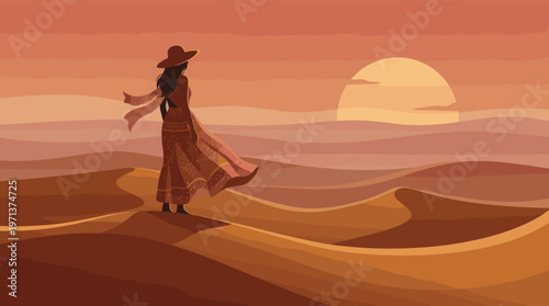 Vector illustration of a woman watching the sunset in a vast desert. Conveys peace, solitude, and wanderlust. Ideal for travel or inspirational content. Warm tones.