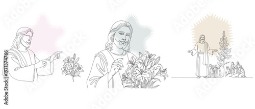 Line art illustration depicting scenes from the life of Jesus Christ, including miracles and teachings, with a focus on compassion.