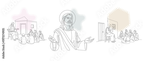 Line art illustration depicting scenes from the life of Jesus Christ, including teaching and gathering with followers, in a minimalist style.
