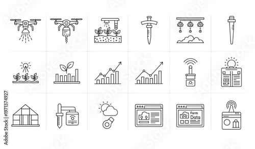 Black and white smart farming technology line icon set with drone sensor irrigation editable stroke isolated on transparent background