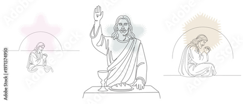 Line art illustration depicting scenes from the life of Jesus Christ, including the Last Supper and moments of prayer and contemplation.