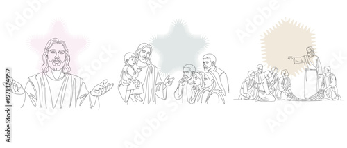 Line art illustration depicting scenes from the life of Jesus Christ, showing compassion, healing, and welcoming children.