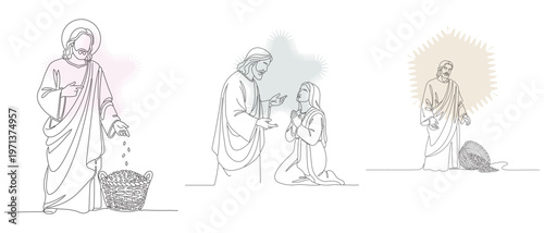 Line art illustration depicting scenes from the life of Jesus, including feeding the multitudes and healing, conveying faith and compassion.