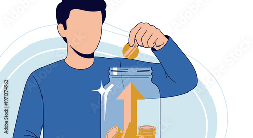 Man putting a coin into a glass jar with an upward arrow representing savings