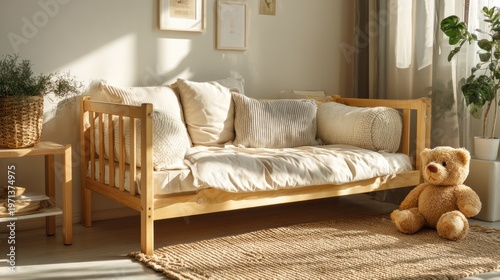 Cozy living room with wooden sofa and teddy bear