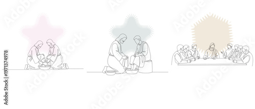 Line art illustration depicting scenes from the life of Jesus Christ, including washing of feet and the Last Supper, with pastel backgrounds.