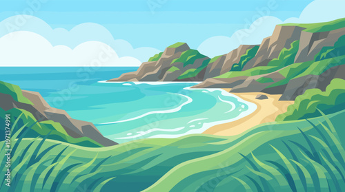 Vector illustration of a serene coastal landscape. A secluded cove with a sandy beach, turquoise water, and green cliffs. Ideal for travel, vacation, or nature backgrounds.