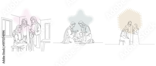Line art illustration depicting scenes from the life of Jesus, including the Last Supper and moments with disciples.