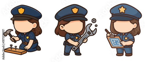 Female police officer with tools and clipboard flat vector
