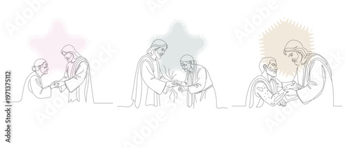 Line art illustration depicting scenes of healing and compassion, featuring a central figure offering aid to those in need, with subtle color washes.
