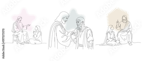 Line art illustration depicting scenes of healing and compassion, featuring a central figure offering aid to those in need, embodying empathy.