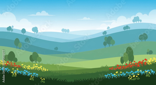 Beautiful spring landscape with rolling green hills and colorful wildflowers