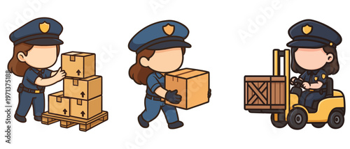 Female police officer handling packages in cartoon style